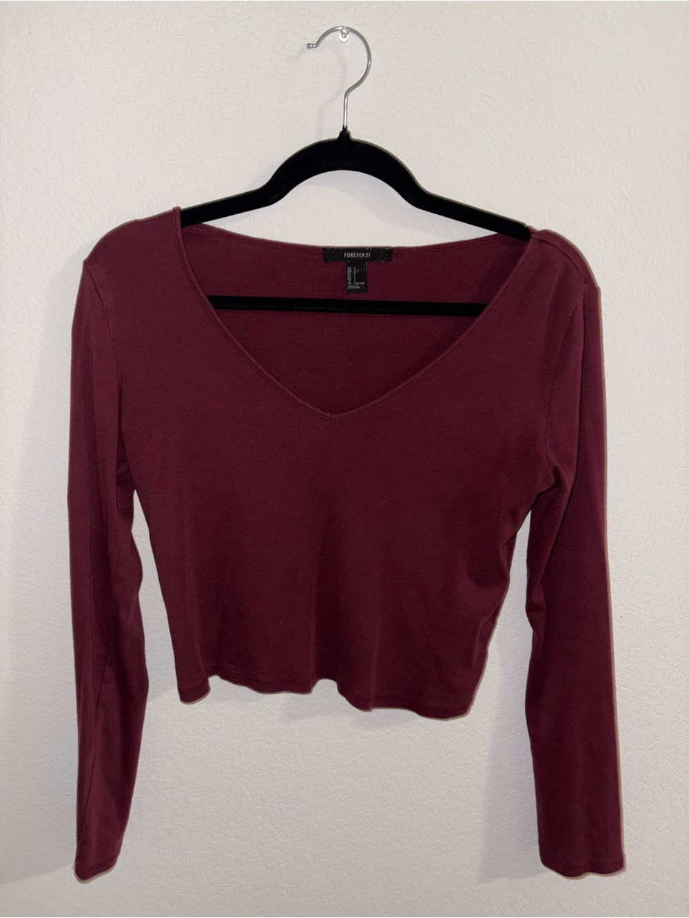Forever 21 Burgundy V-Neck Long Sleeve Crop Top